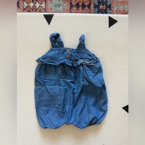 Tahari Baby|Chambray Blue baby girl bubble romper with ruffle detail,18 months•